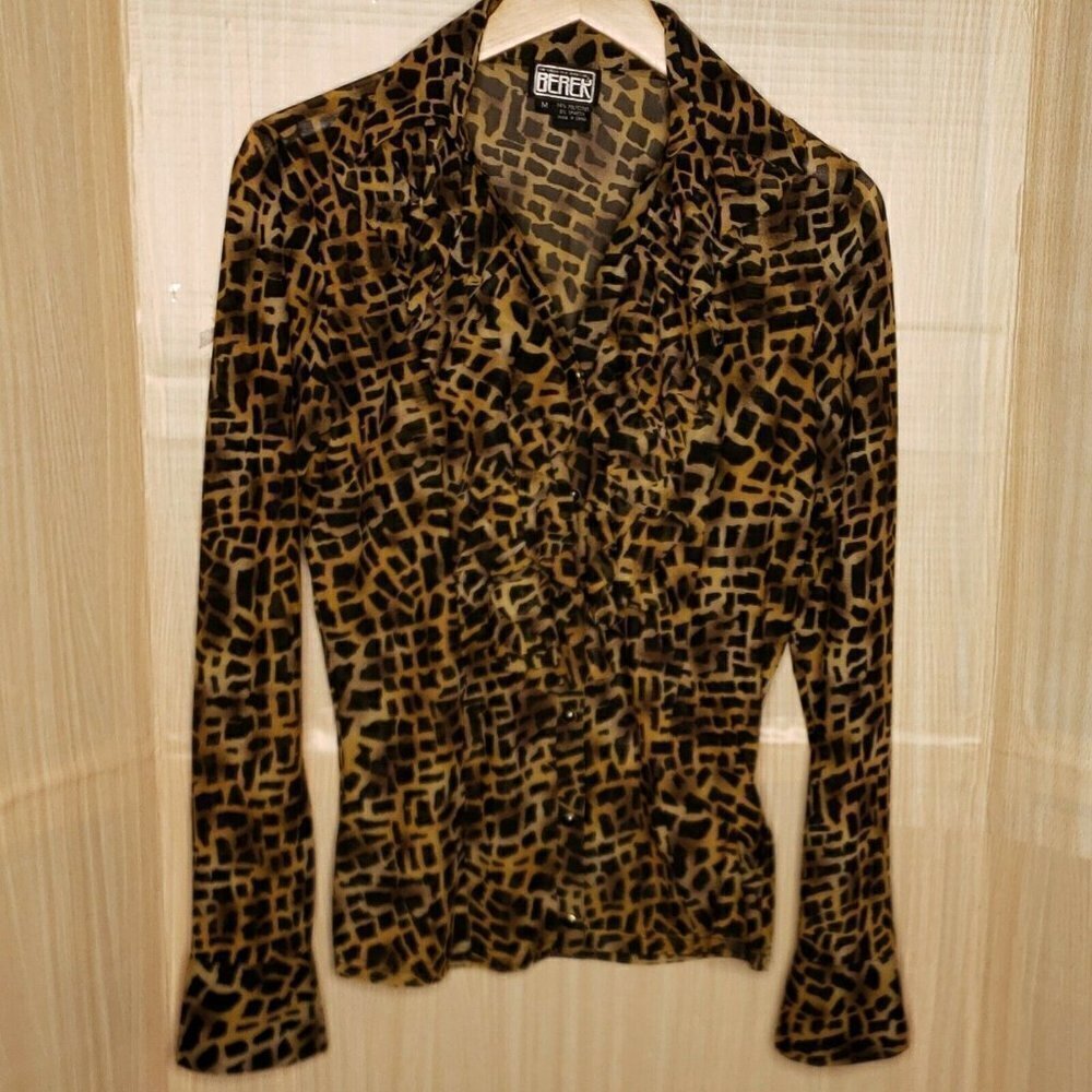 Berek Womens Animal Print Ruffle Front Long Sleeve Blouse Medium